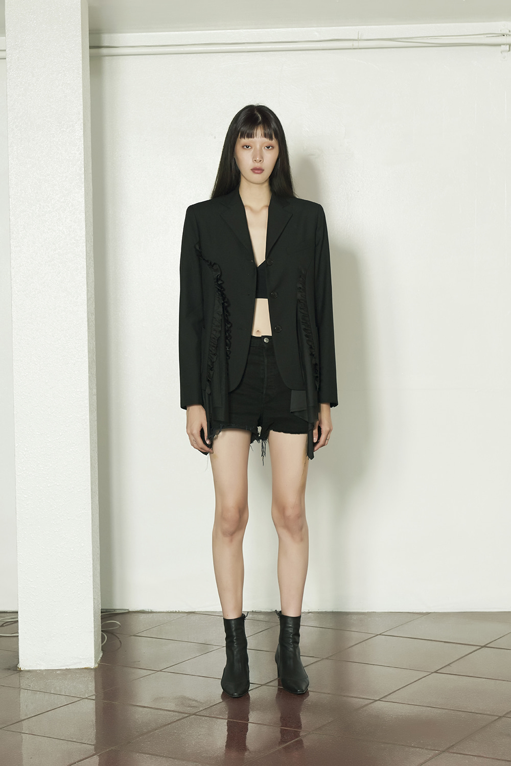 [MADE TO ORDER] RUFFLE AND TULLE LAYERED WOOL JACKET (BLACK)